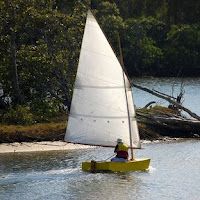 ozracer trying Goat Island skiff sail. Very happy boat despite 105sq ft on a 8ft hull.