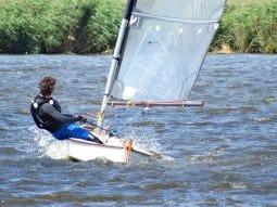 Viola 14 Canoe - Viola going fast upwind - excellent performance plywood sailing canoe 14ft long